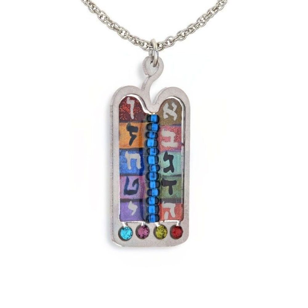 Ten Commandments Necklace, Hand-Painted Luchot Pendant, Jewish Gift for Her